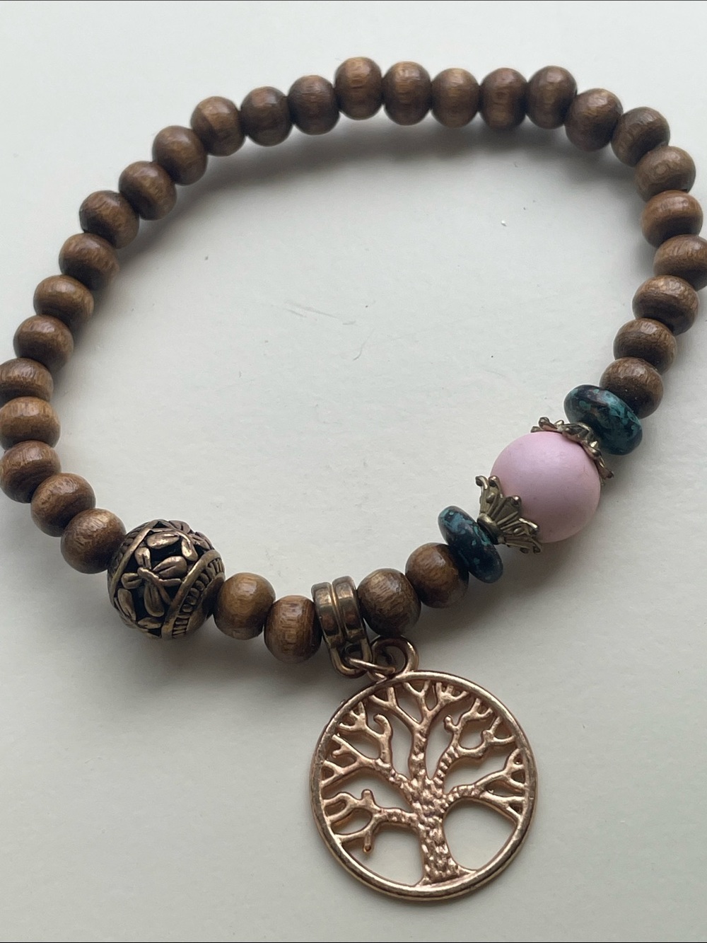 Tree of Life Wood Bead Bracelet with Pink Accent
